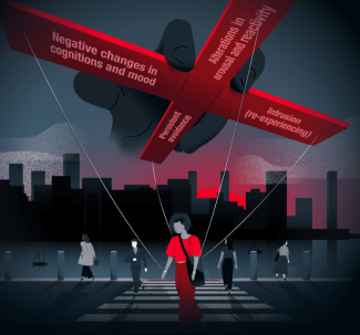Man crossing street with large manipulator looming above tethering him to PTSD symptoms