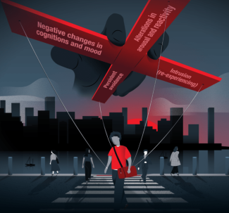 Man crossing street with large manipulator looming above tethering him to PTSD symptoms